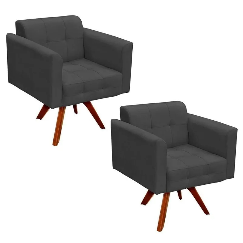 Kit 2 Poltronas Decorativas Base Madeira Giratória Ana Suede Grafite - Ibiza