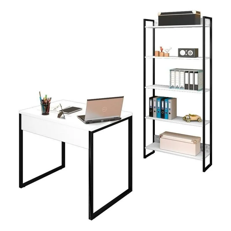 Conjunto Escritório Mesa 90 E Estante Studio Industrial M18 Branco - Mpozenato