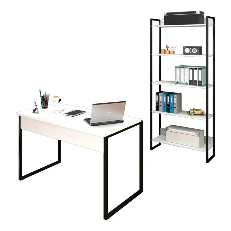Conjunto Escritório Mesa 120 E Estante Studio Industrial Z28 Branco - Mpozenato