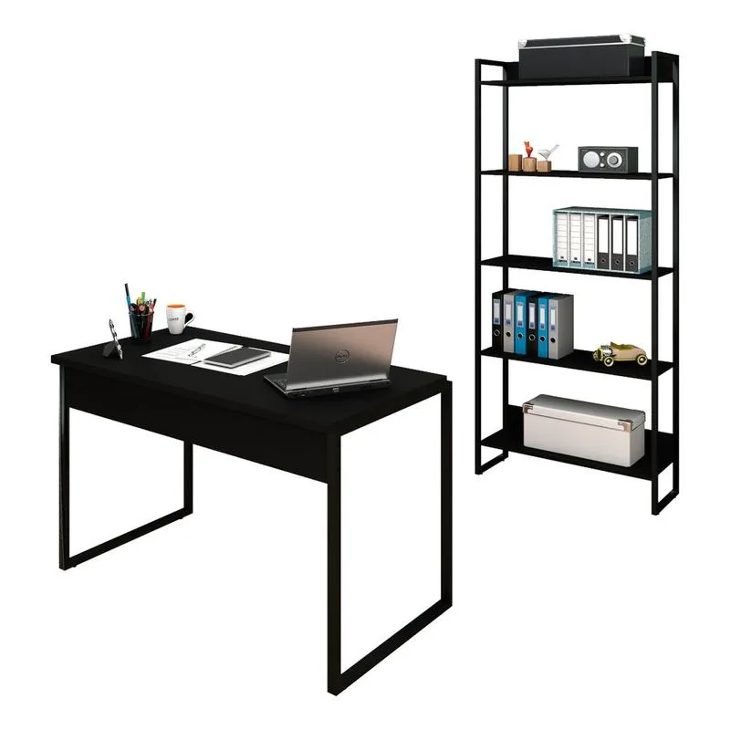 Conjunto Escritório Mesa 120 e Estante Studio Industrial M18 Preto – Mpozenato