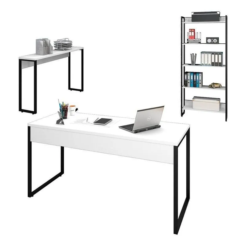 Conjunto Escritório Mesa 150 Aparador Estante Studio Branco