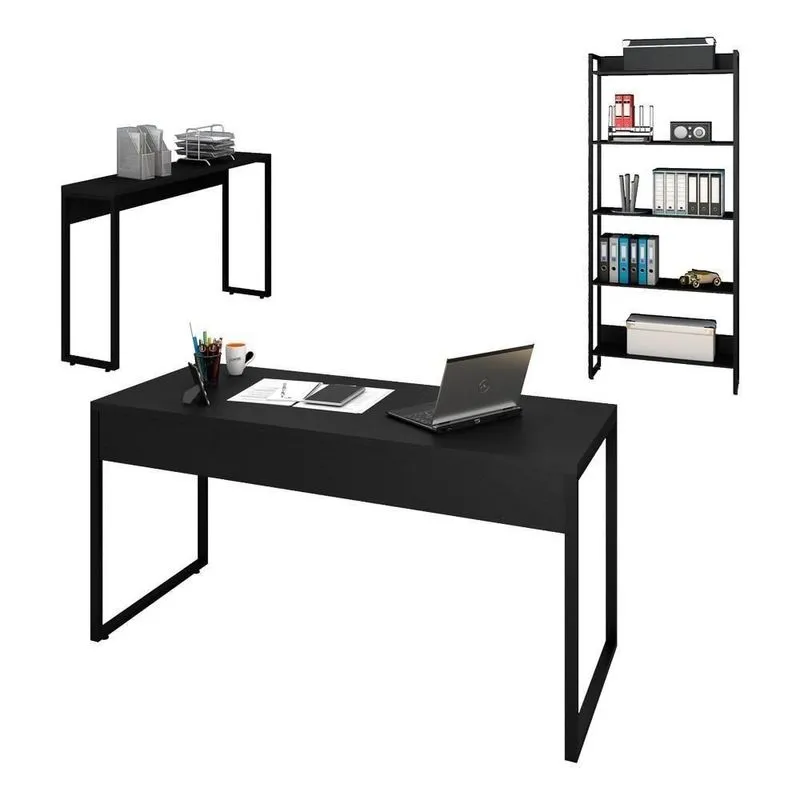 Conjunto Escritório Mesa 150 Aparador E Estante Studio Industrial M18 Preto - Mpozenato