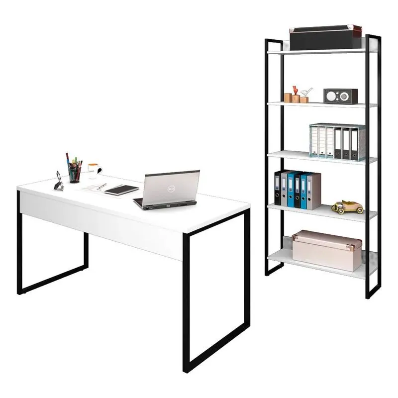 Conjunto Escritório Mesa 150 E Estante Studio Industrial Z28 Branco - Mpozenato