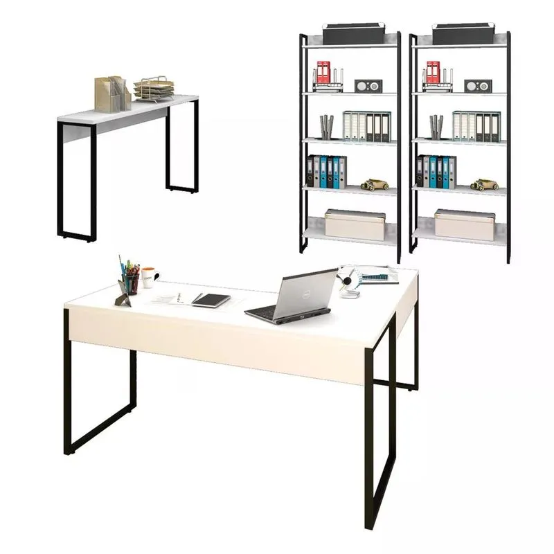 Conjunto Escritório Mesa Em L Aparador E 2 Estantes Studio Industrial Z28 Branco - Mpozenato