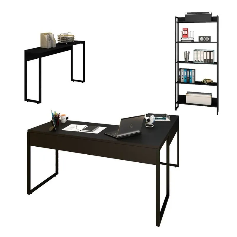 Conjunto Escritório 3 peças Mesa em L Estante e Aparador Studio Industrial M18 Preto – Mpozenato