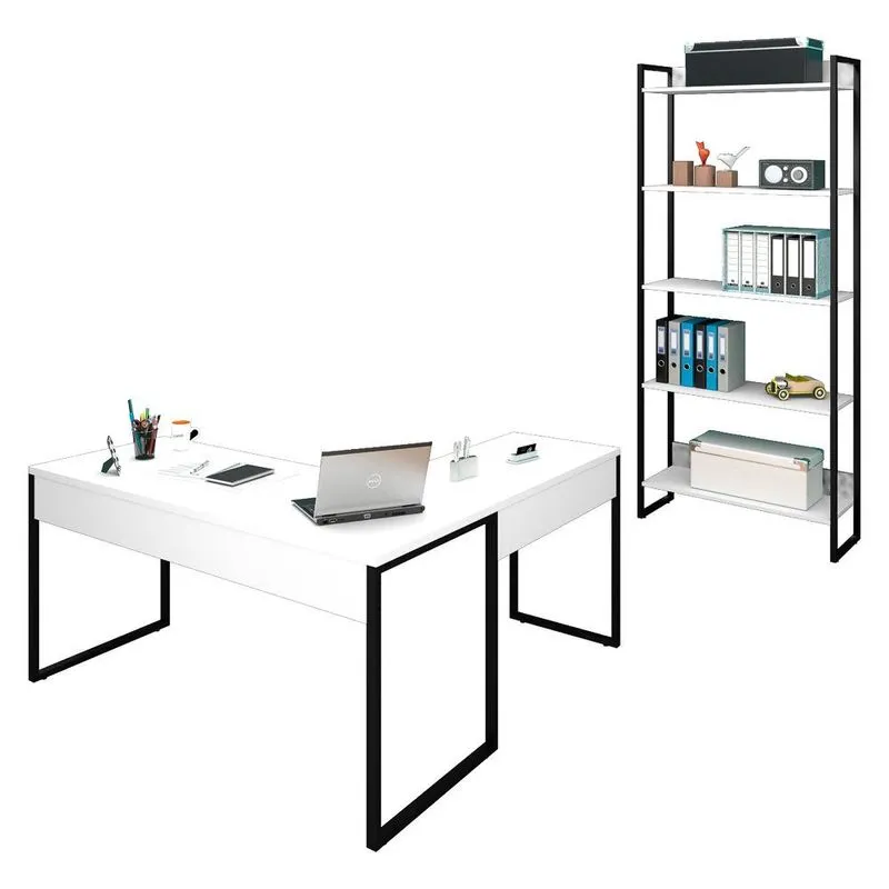 Mesa em L e Estante para Escritório Studio Industrial M18 Branco – Mpozenato