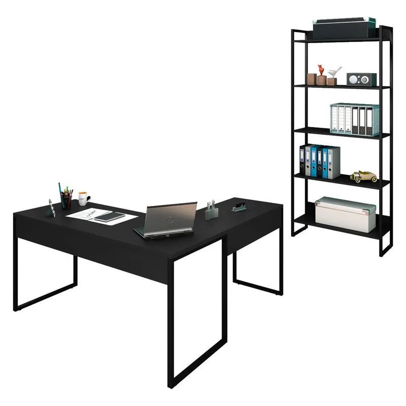 Mesa em L e Estante para Escritório Studio Industrial M18 Preto – Mpozenato