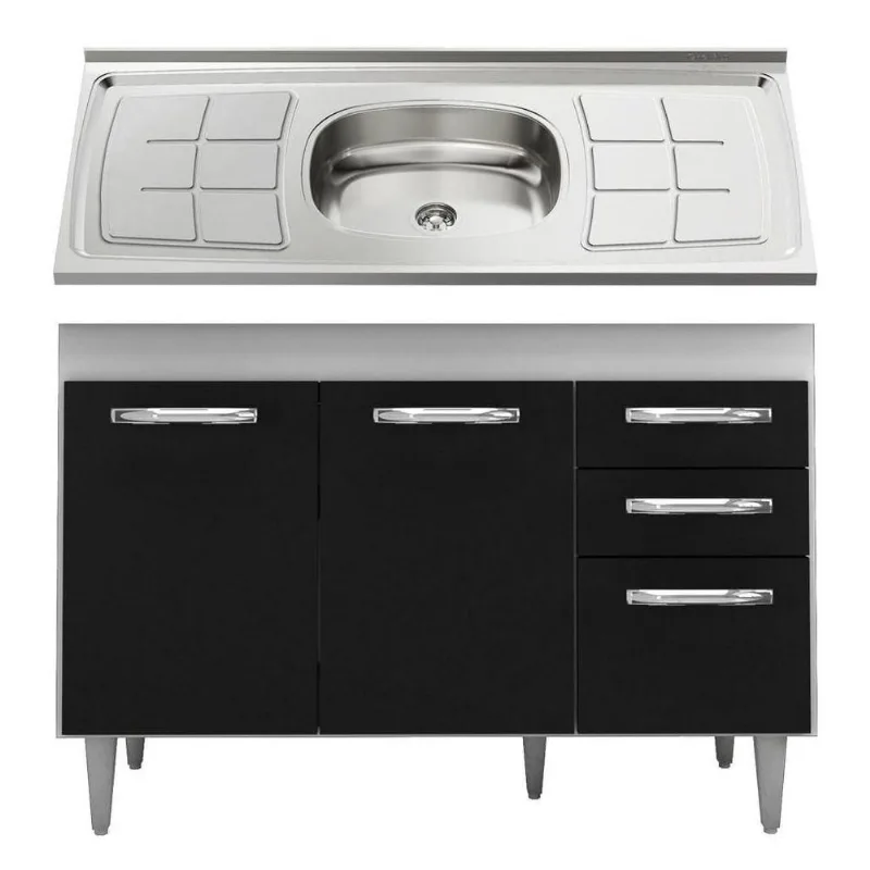 Balcão Gabinete Com Pia Inox 120cm 3 Portas Branco/preto