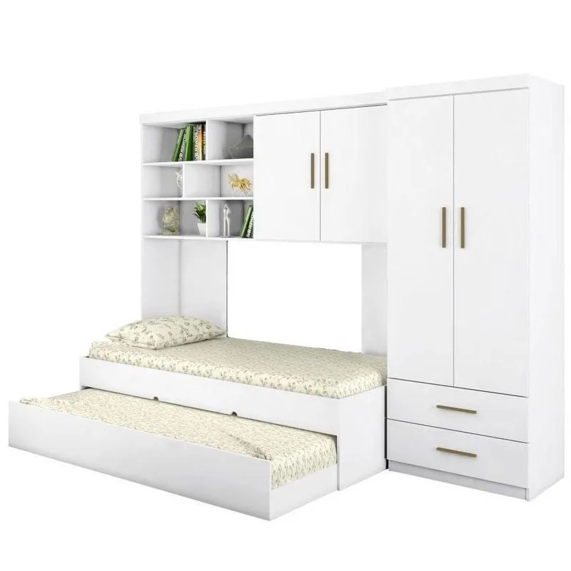 Quarto Infantil Chiara Guarda Roupa E Aéreo 2 Portas Com Cama E Auxiliar Branco - Phoenix