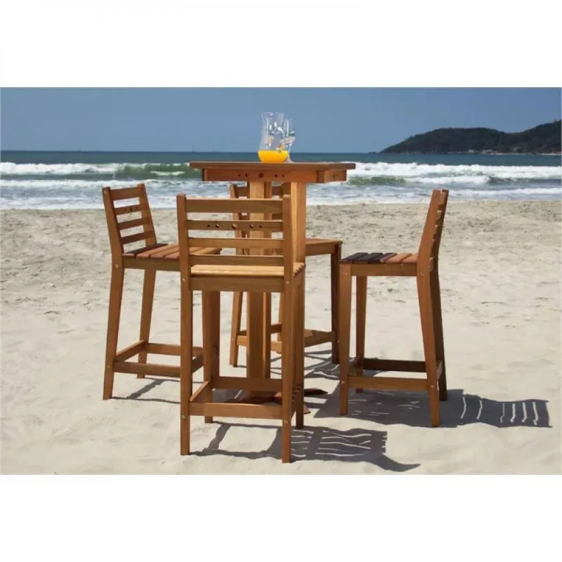 Conjunto Mesa de Bar Madeira com 4 Banquetas Altas Jatobá