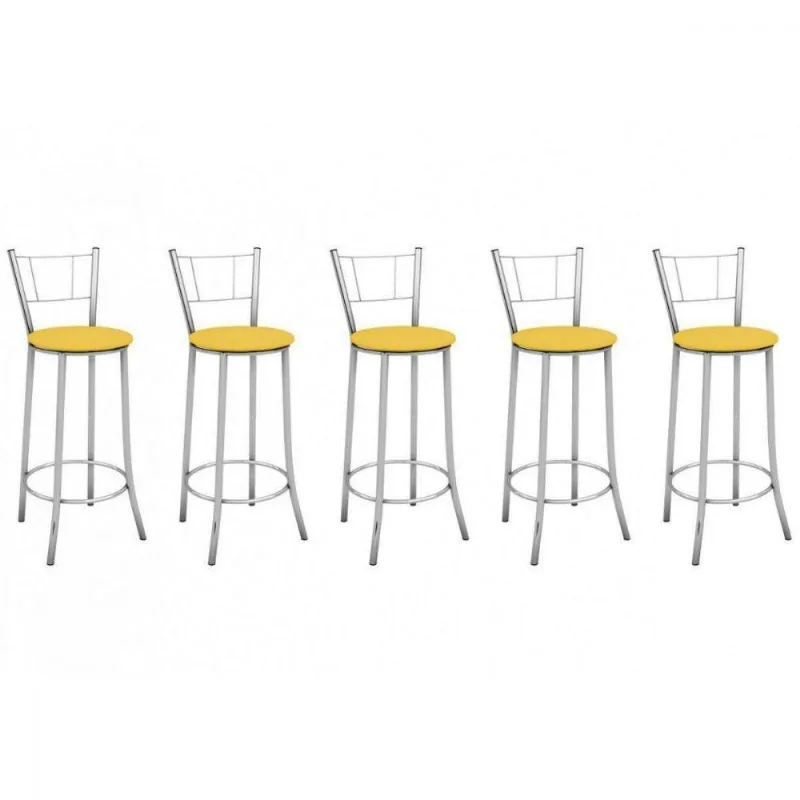 Kit 5 Banquetas Altas com Encosto Maior Cromado e Amarelo
