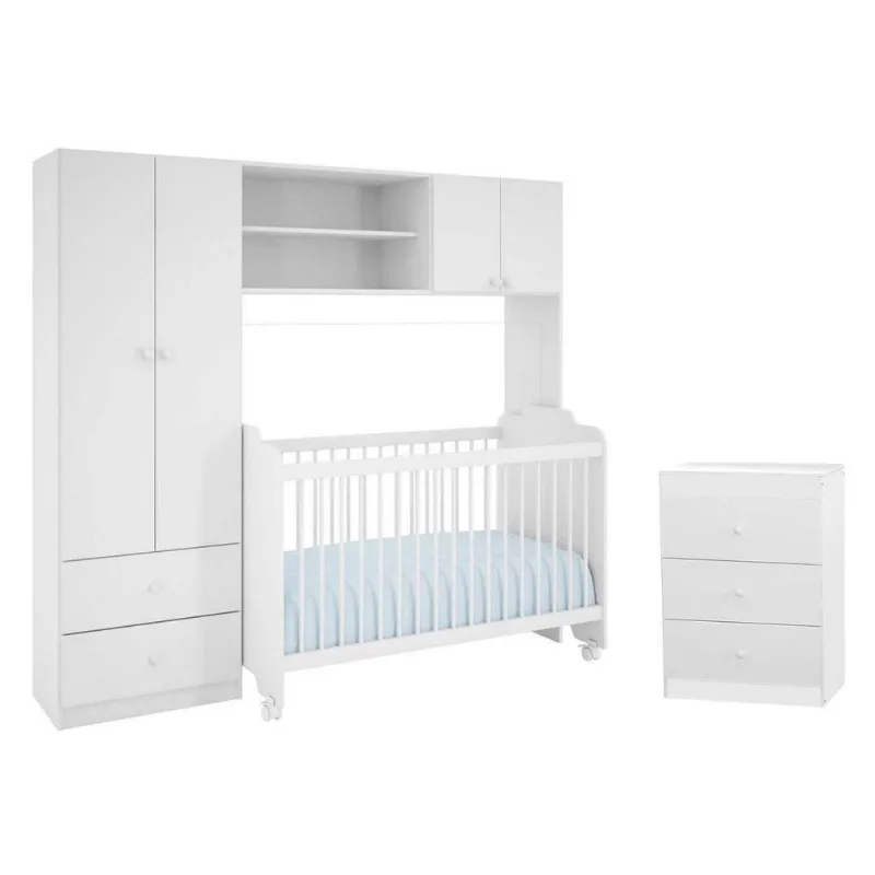 Quarto Infantil Modulado 4 Portas com Berço e Cômoda Branco