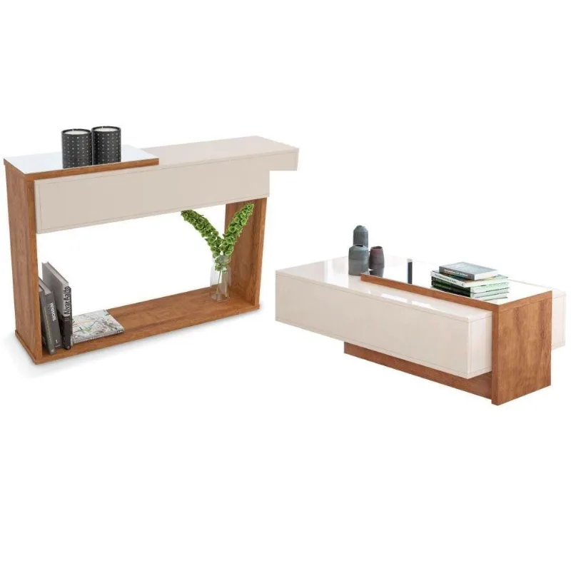 Mesa de Centro e Aparador Milão Off White e Amêndoa