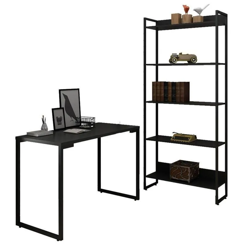 Conjunto Escritório Mesa 120Cm E Estante 5 Prateleiras Preto