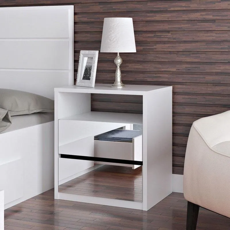Mesa de Cabeceira Espelhada 2 Gavetas e Nicho Blank Branco