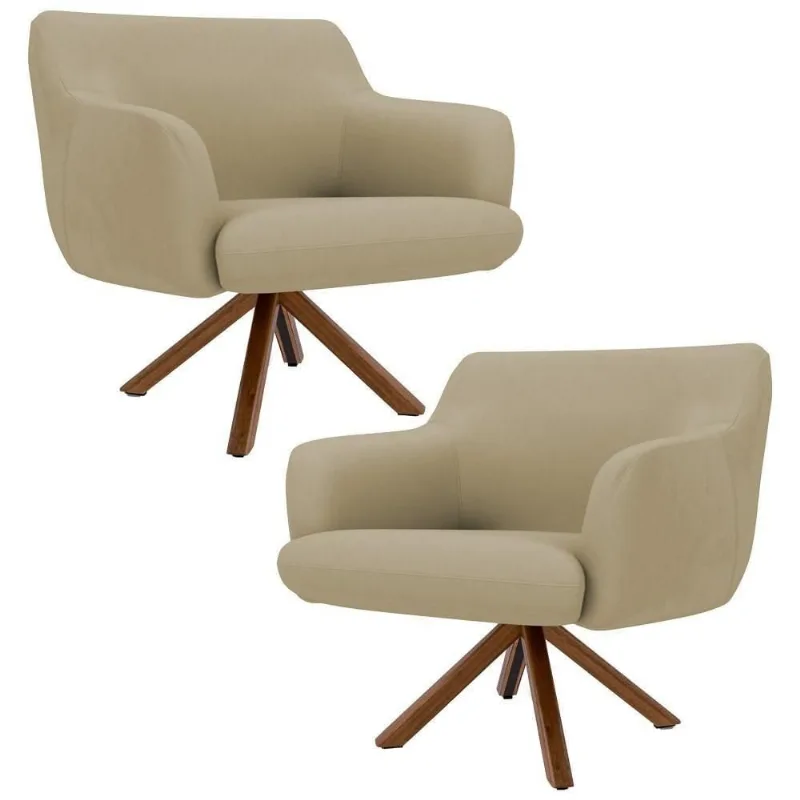 Kit 2 Poltronas Decorativas Giratórias Base Giromad Madeira Jade Veludo C-68 Bege - Domi