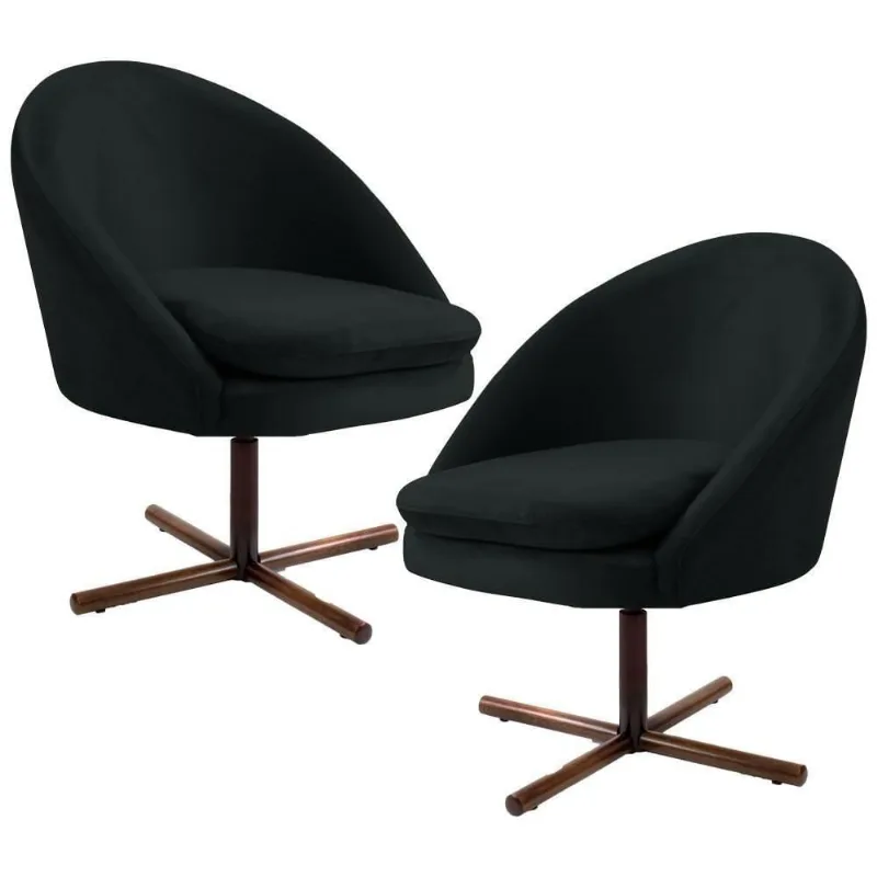 Kit 2 Poltronas Decorativas Giratórias Base Xis Madeira Rafa C-300 Veludo Preto - Domi
