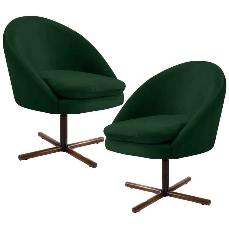 Kit 2 Poltronas Decorativas Giratórias Base Xis Madeira Rafa C-303 Veludo Verde Musgo - Domi