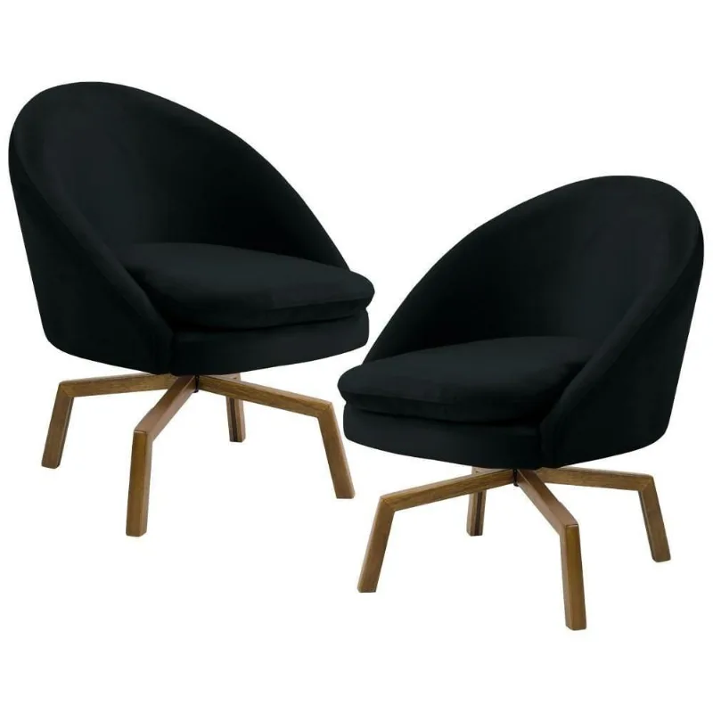 Kit 2 Poltronas Decorativas Giratórias Base Ka Madeira Rafa C-300 Veludo Preto - Domi