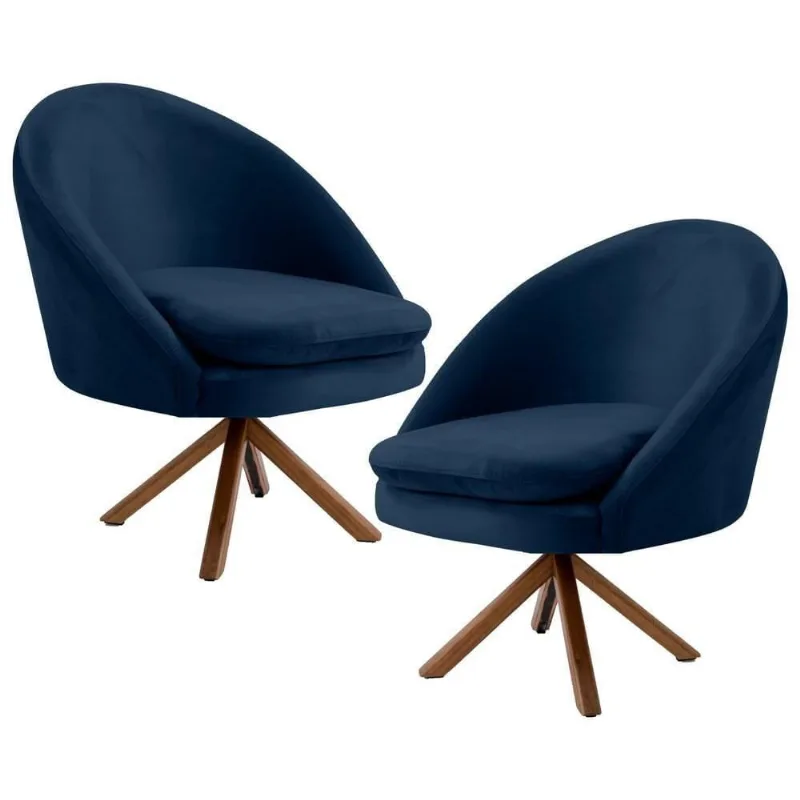 Kit 2 Poltronas Decorativas Giratórias Base Giromad Madeira Rafa C-304 Veludo Azul Marinho - Domi