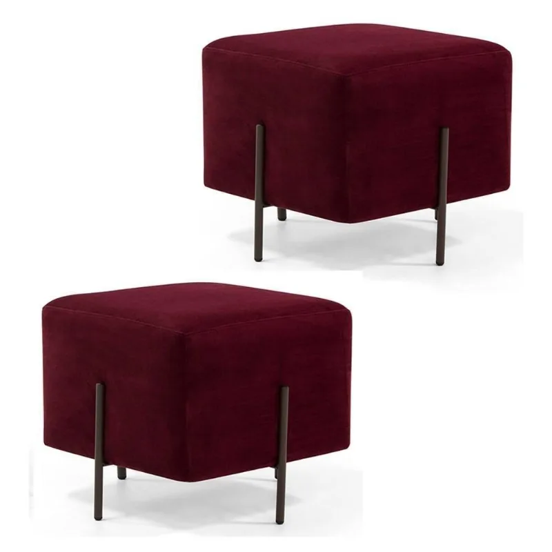 Kit 2 Puffs Decorativos 45cm Base Aço Status C-278 Veludo Marsala - Domi