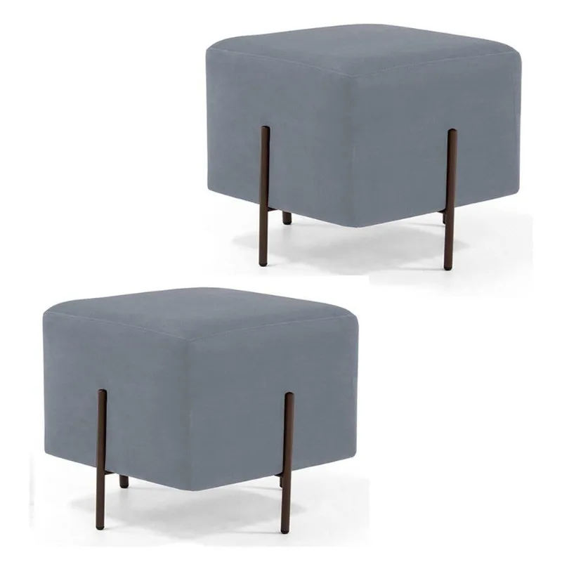 Kit 2 Puffs Decorativos 45cm Base Aço Veludo Cinza Domi