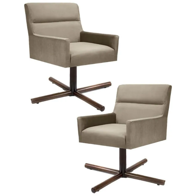 Kit 2 Poltronas Decorativas Giratórias Base Xis Madeira Angel Veludo C-68 Marrom Claro - Domi