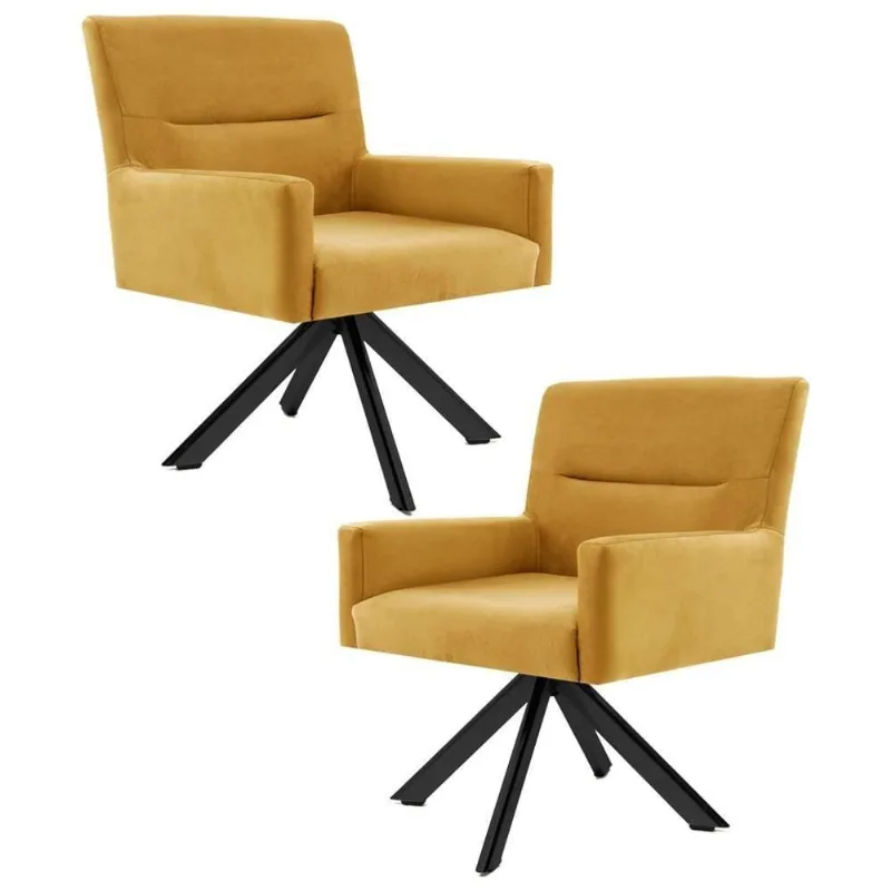 Kit 2 Poltronas Giratórias Base Preto Veludo Amarelo- Domi