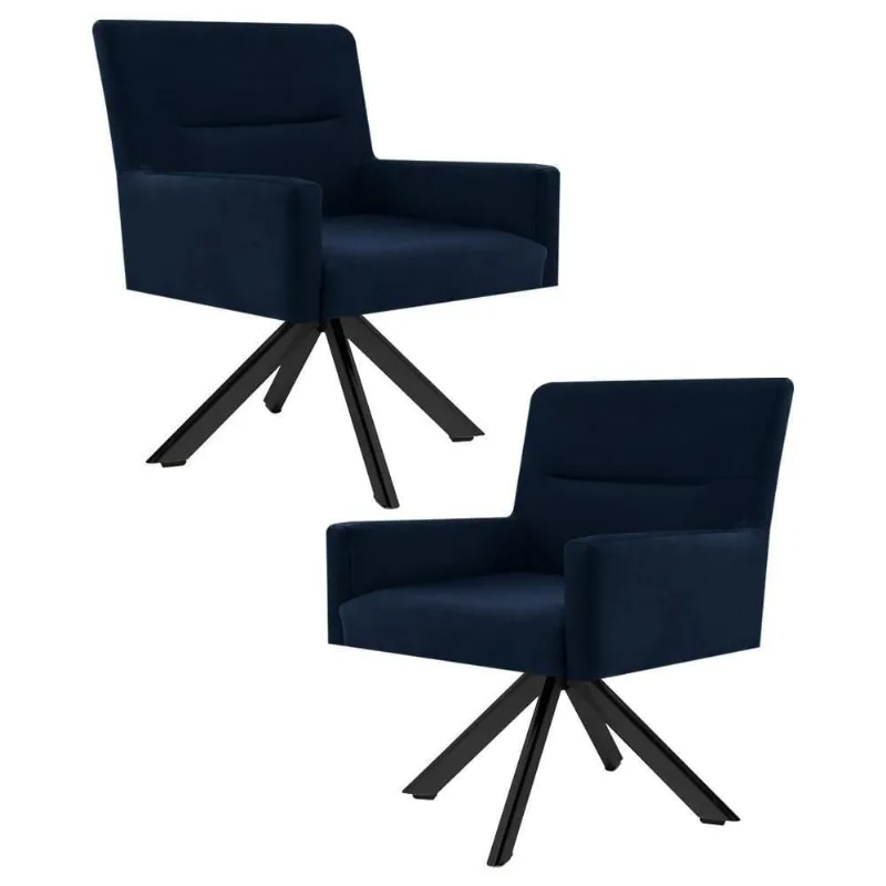 Kit 2 Poltronas Giratórias Base Preto Veludo Azul