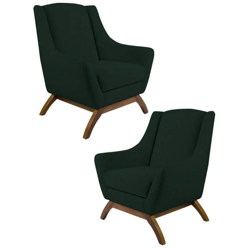 Kit 2 Poltronas Base Madeira Linho Verde Musgo