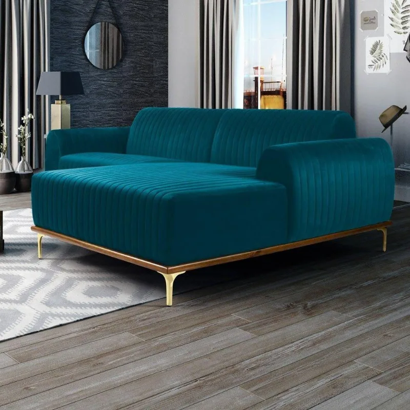 Sofá 245cm 4 Lugares Chaise Molino Veludo Turquesa