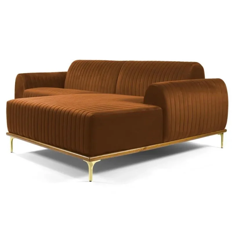 Sofá 230cm 4 Lugares Com Chaise Direito Pés Gold Molino C-262 Veludo Telha - Domi