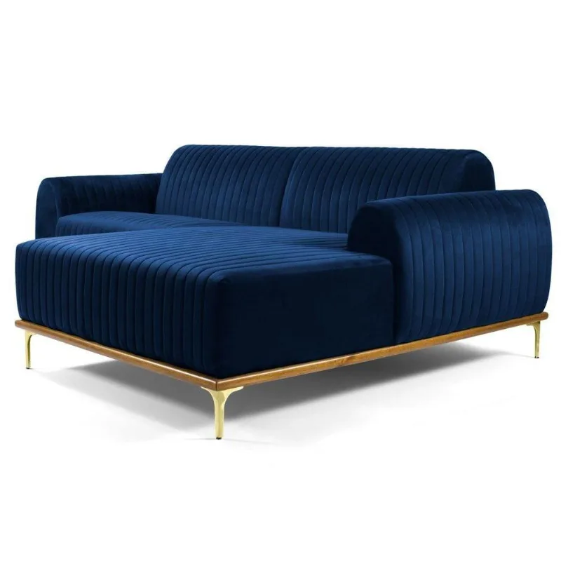 Sofá 230cm 4 Lugares Chaise Molino Veludo Azul Marinho