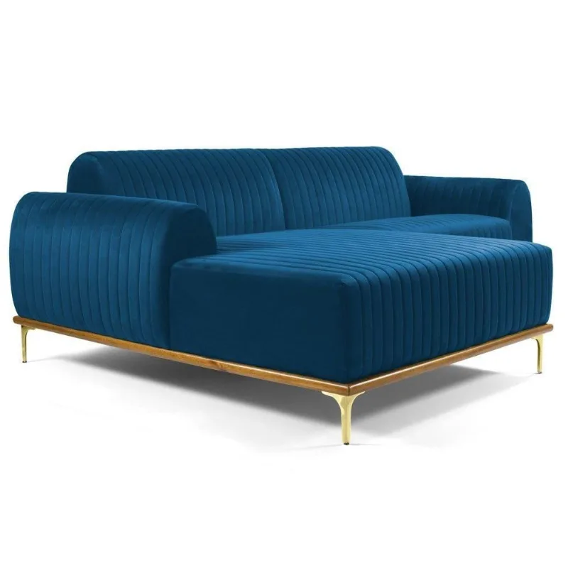 Sofá 255cm 4 Lugares Chaise Molino Veludo Azul