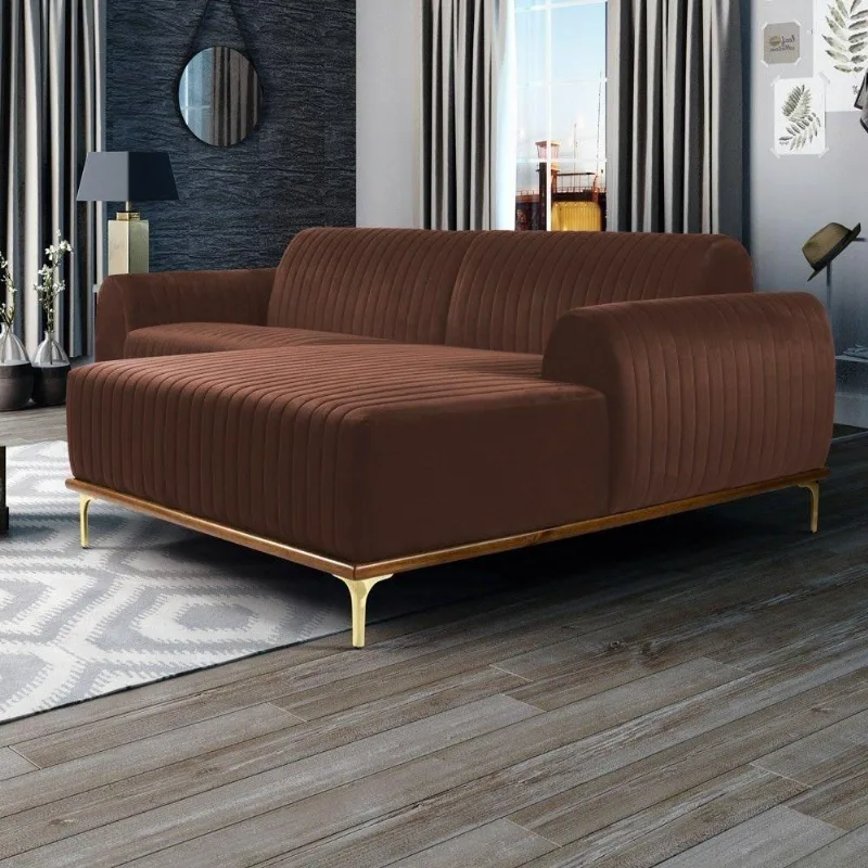 Sofá 255cm 4 Lugares Chaise Molino Veludo Terra
