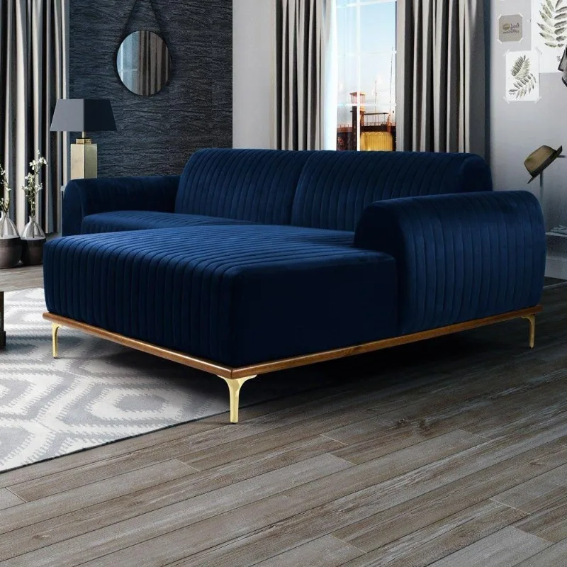 Sofá 350cm 6 Lugares Chaise Molino Veludo Azul Marinho
