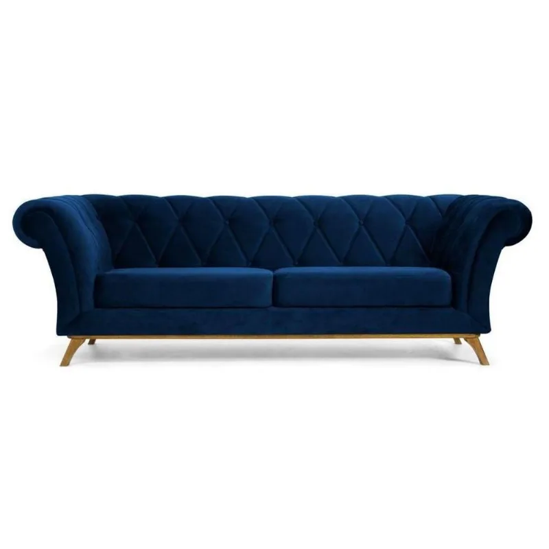 Sofá 180cm 3 Lugares Base Império Veludo Azul Marinho