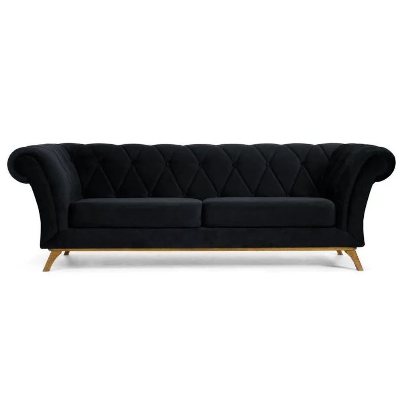 Sofá 210cm 3 Lugares Base Madeira Veludo Preto