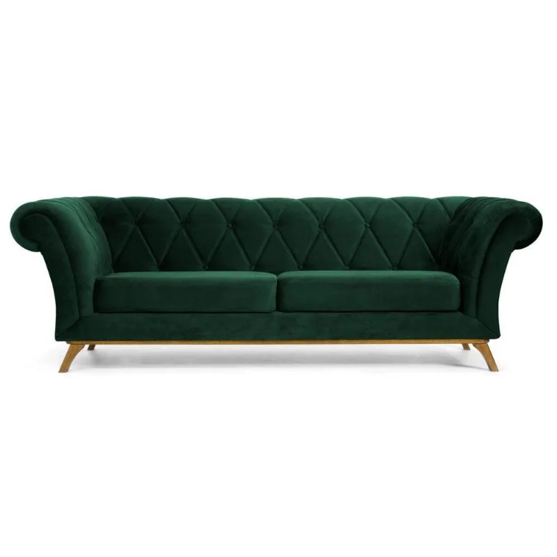 Sofá 260cm 4 Lugares Base Madeira Império Veludo Verde Musgo