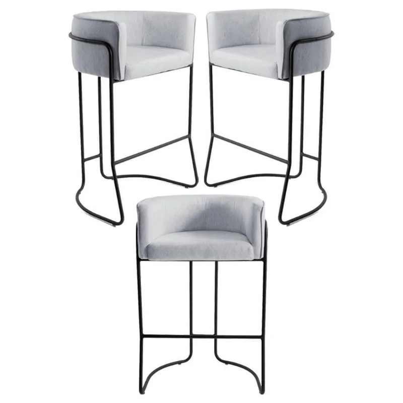 Kit 3 Banquetas Decorativas Base Aço Preto Betina Linho D-315 Cinza - Domi