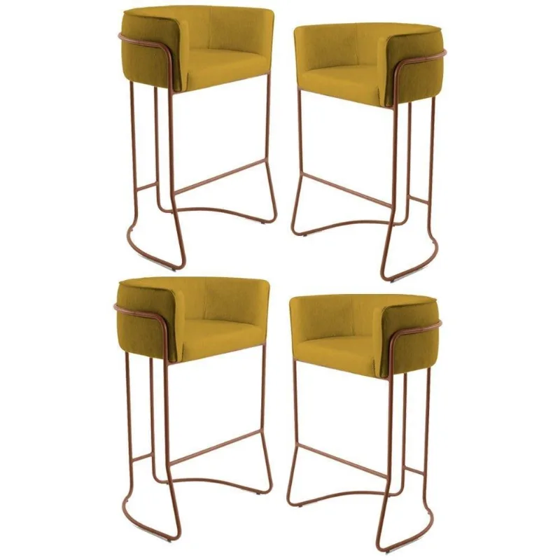 Kit 4 Banquetas Base Aço Cobre Betina Veludo Mostarda Domi