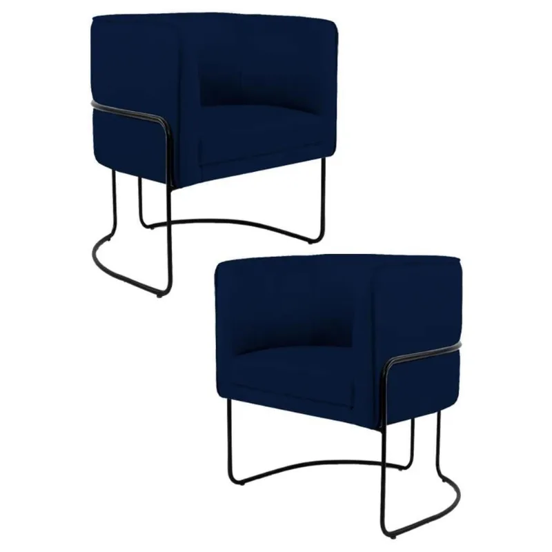 Kit 2 Poltronas Decorativas Base Aço Betina C-304 Veludo Azul Marinho - Domi