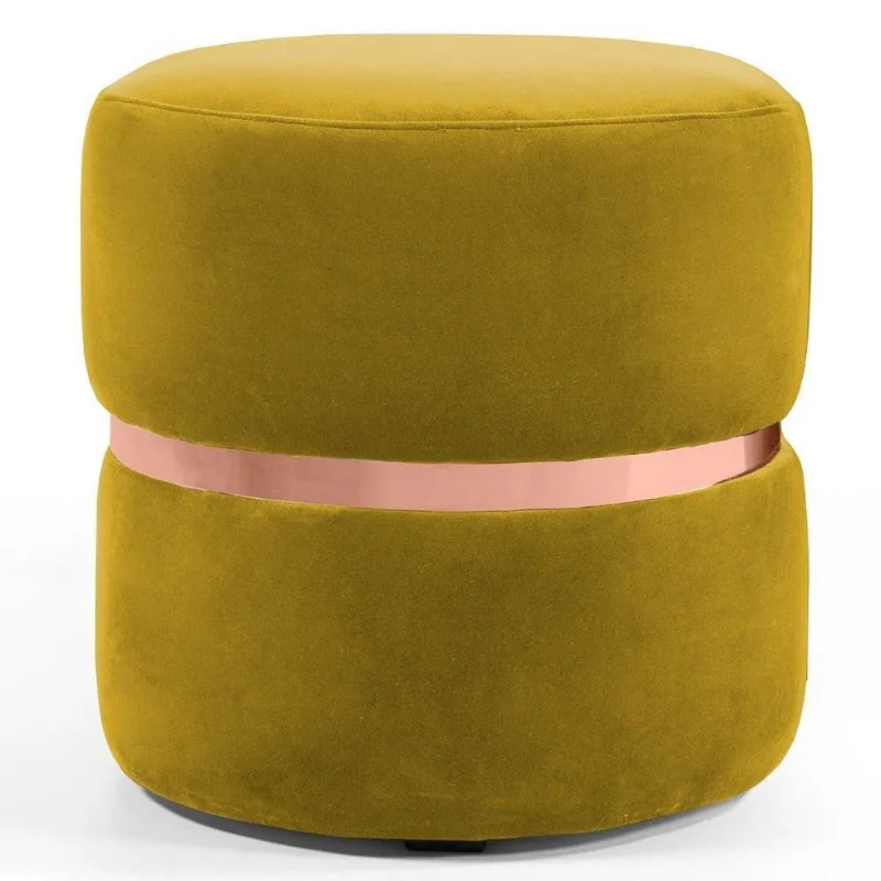 Puff Decorativo com Cinto Rosê Round B-279 Veludo Amarelo