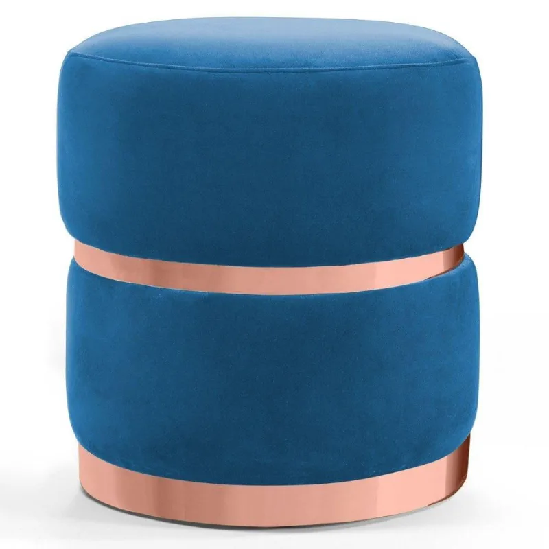 Puff Decorativo Cinto e Aro Rosê Round B-170 Veludo Azul
