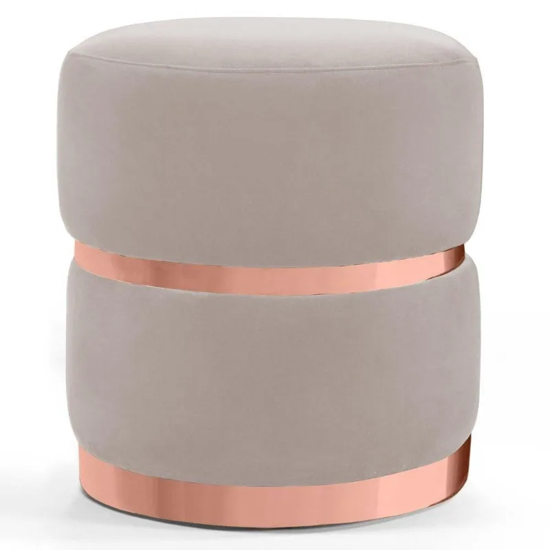 Puff Decorativo Cinto e Aro Rosê Round B-309 Veludo Bege