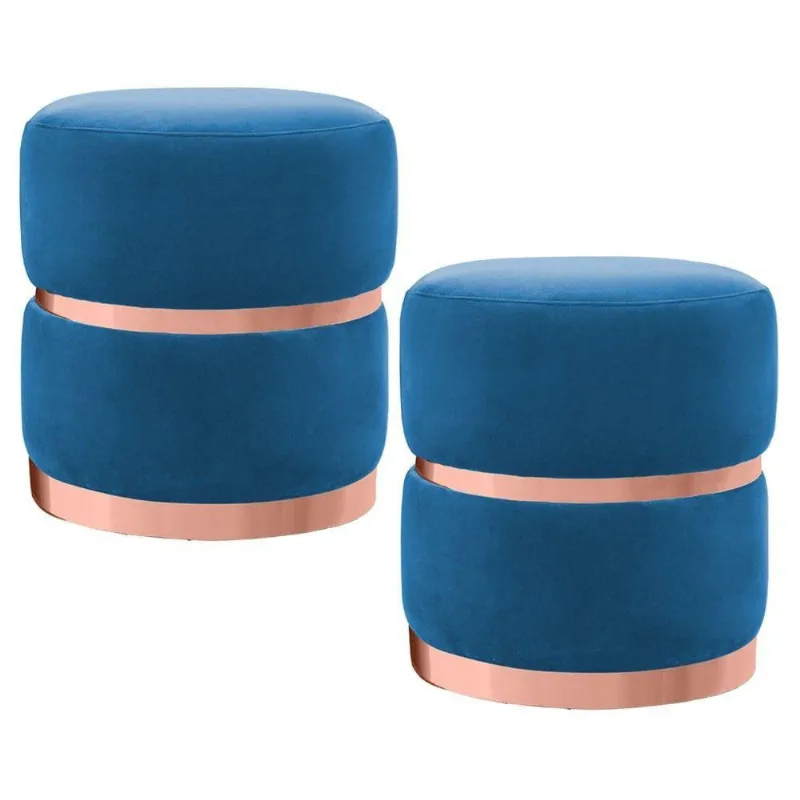 Kit 2 Puffs Decorativos Cinto E Aro Rosê Round Veludo Azul