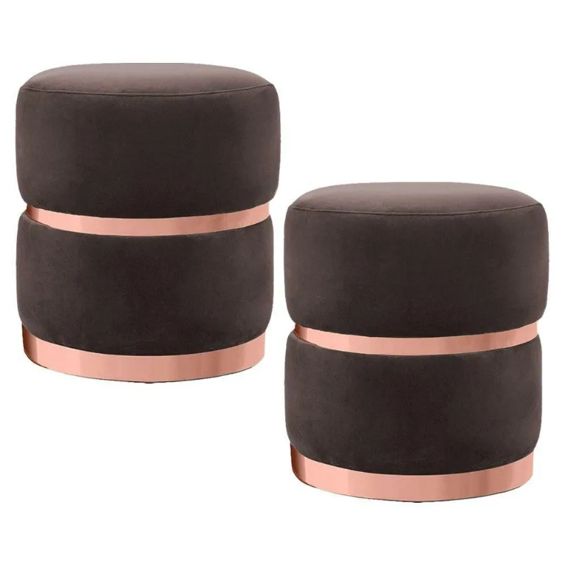 Kit 2 Puffs Cinto e Aro Rosê Round B-261 Veludo Marrom Domi