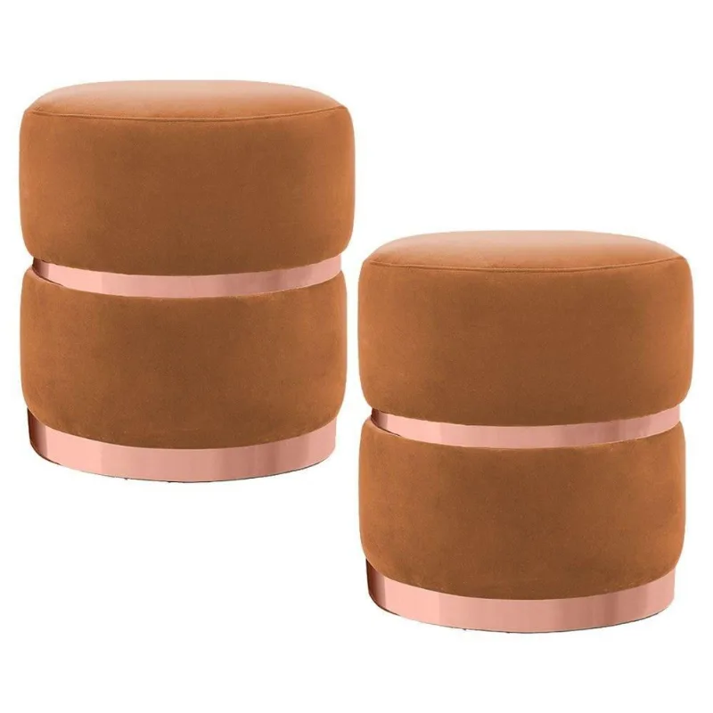 Kit 2 Puffs Cinto e Aro Rosê Round B-262 Veludo Laranja Domi