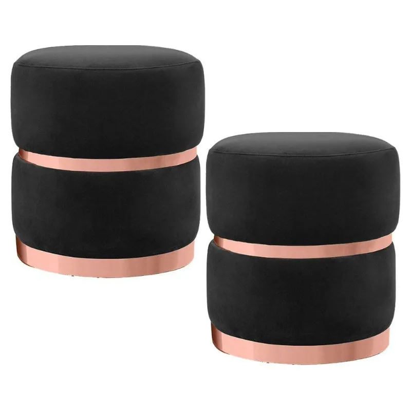 Kit 2 Puffs Cinto e Aro Rosê Round B-300 Veludo Preto Domi