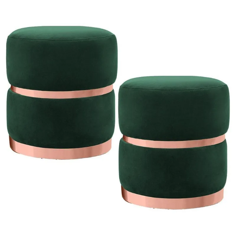 Kit 2 Puffs Cinto E Aro Rosê Round Veludo Verde Musgo Domi